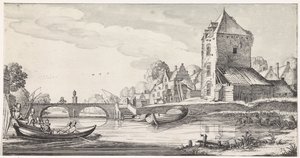 Dorp aan een rivier door Jan van de Velde (II)