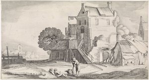 Drie converserende figuren bij een herberg door Jan van de Velde (II)