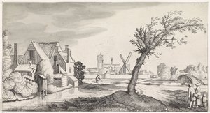 Familie bij een huis met een stad op de achtergrond door Jan van de Velde (II)