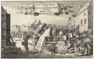 Figuren bij een groentekraam op een markt door Jan van de Velde (II)