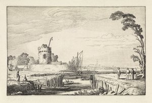 Figuren bij een haven en een toren