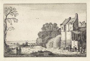 Figuren bij een huis en huifkarren op een landweg