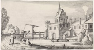 Figuren bij een ophaalbrug voor een dorp met kerktoren