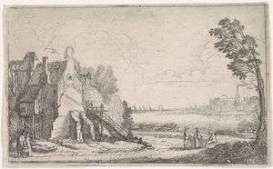 Figuren bij een vervallen huis aan een rivier (Rivierlandschappen) door Jan van de Velde (II)