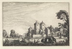 Figuren in een plezierboot bij een kasteel