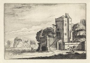 Figuren met een vogelmand bij een toren in een landschap Landschappen (series title) Amenissimae aliquot requculae (series title) door Jan van de Velde (II)