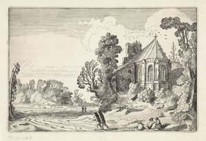 Figuren op een landweg bij een kerkruïne door Jan van de Velde (II)
