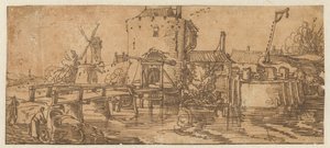 Gezicht op een stad (Culemborg?) met een brug voor een poort
