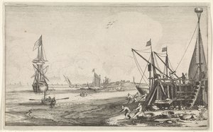 Havenhoofd met vissers die hun netten binnenhalen