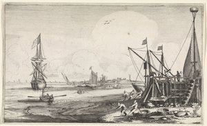 Havenhoofd met vissers die hun netten binnenhalen
