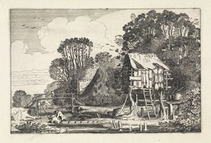 Hengelaars in een boot bij een duiventil door Jan van de Velde (II)