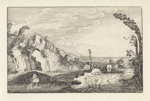 Huifkar op een pad in een bergachtig rivierlandschap door Jan van de Velde (II)