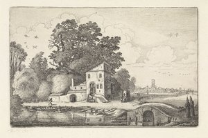 Huis bij een stenen brug in een rivierlandschap
