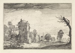 Jagers met honden bij een toren in een landschap (Landschappen, Amenissimae aliquot requculae) door Jan van de Velde (II)