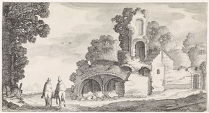 Landschap met ruïne en twee ruiters door Jan van de Velde (II)