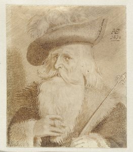 Man met bontkraag, hoed en staf door Jan van de Velde (II)