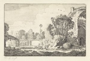 Man met een hond bij een ruïne door Jan van de Velde (II)