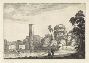 Pont bij een brug en een ruïne (Landschappen, Amenissimae aliquot requculae) door Jan van de Velde (II)