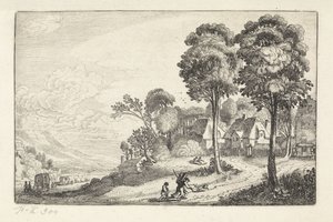 Reizigers op een pad bij een dorp door Jan van de Velde (II)