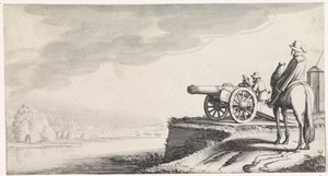 Ruiter en twee soldaten bij een kanon op een rivieroever Playsante lantschappen ende vermakelycke gesichten (series title)