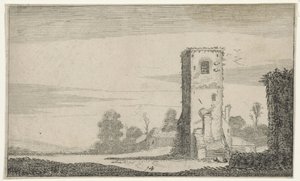 Ruïne van een toren in een landschap door Jan van de Velde (II)