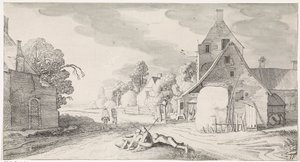 Rustende boeren langs een weg in een dorp