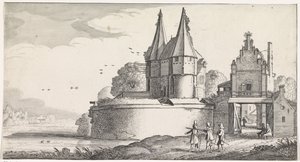 Soldaten bij een fort en een stadspoort aan een rivier