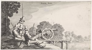 Soldaten bij een kanon op een steiger aan een rivier