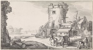 Soldaten bij een toren in een rivierlandschap (Playsante lantschappen ende vermakelycke gesichten) door Jan van de Velde (II)