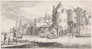 Stad aan een rivier (Playsante lantschappen ende vermakelycke gesichten) door Jan van de Velde (II)