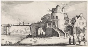 Tolhuis met houten brug over de rivier