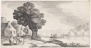 Transport van hooi op een rivier met Haarlem in de verte