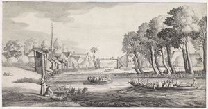 Twee roeiboten op een rivier bij een dorp door Jan van de Velde (II)