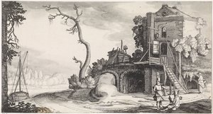 Twee valkeniers bij een toren gebruikt als herberg