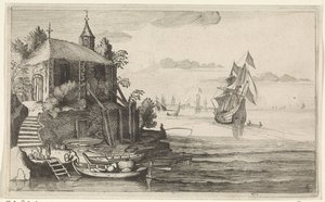 Tweemaster bij een kust met een kapel door Jan van de Velde (II)