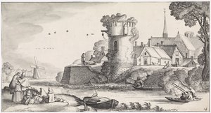 Wachttoren aan een rivier (Playsante lantschappen ende vermakelycke gesichten) door Jan van de Velde (II)