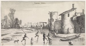 Winterlandschap met schaatsers bij een stadsmuur
