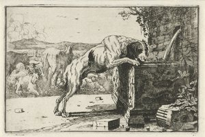 Hond bij een fontein door Jan van den Hecke