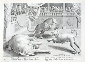 Alexander de Grote geeft een spektakel, een leeuw, hond en olifant vechten, illustratie uit 