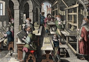Drukkerij, ca. 1600 - Nederland, Drukkerij: links gebruiken de karakters karakters, de verschillende stadia van de voorbereiding van de druk onder toezicht van een meesterdrukker - Gravure uit 