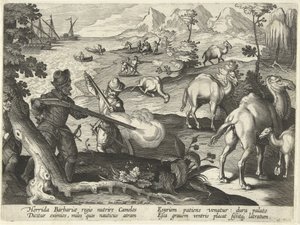 Zeelieden in een verschrikkelijk barbarenland doden kamelen met musketten om hun honger te stillen, illustratie uit 
