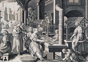 Vermis sericus, vrouwen spinnen zijde en verwarmen zijderupsen op vuur, gravure door Stradanus (1523-1605), Italië door Jan van der Straet