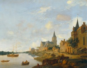 De Rijn bij Emmerich met de St Martin kerk ... door Jan van der (manner of) Heyden