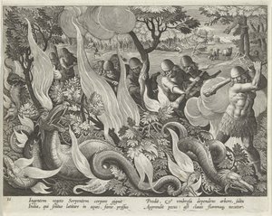 Slangen vangen in India met knuppels en fakkels om het struikgewas te verlichten, plaat 44 uit Venationes Ferarum, Avium, Piscium (Over de jacht: wilde dieren, vogels, vissen) uitgegeven 1640