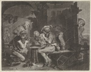 Kaartspelers en een plassende man