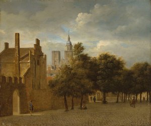Een stadsgezicht met flanerende figuren, een kerk daarachter door Jan van der Heyden