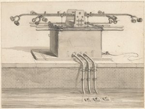 Dubbele zuigpomp voor de slangbrandspuit door Jan van der Heyden
