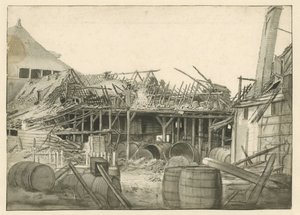 Overblijfselen van een uitgebrand pakhuis door Jan van der Heyden