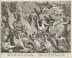 Slangen vangen in India met knuppels en fakkels om het struikgewas te verlichten, pub. 1640 gravure door Jan van der Straet