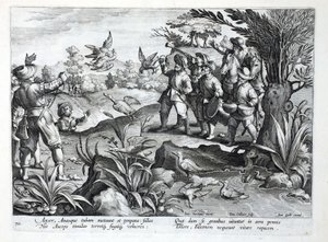Jagers die Valken gebruiken om Ganzen te jagen, illustratie uit 